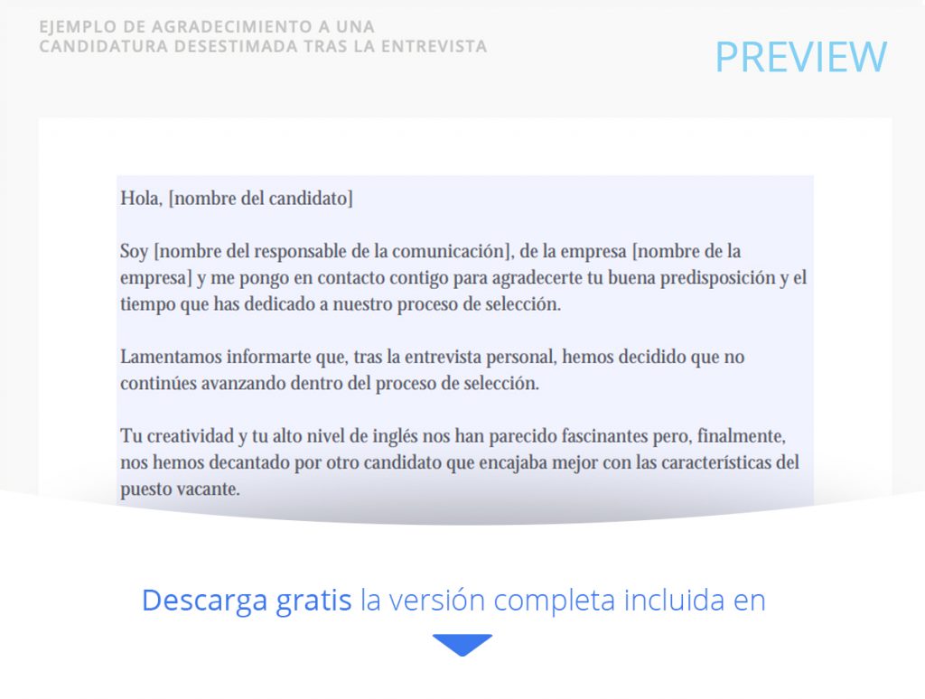 CARTA AGRADECIMIENTO A UNA CANDIDATURA DESESTIMADA TRAS UNA ENTREVISTA DE TRABAJO