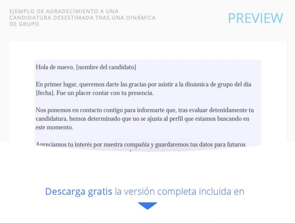 CARTA AGRADECIMIENTO A UNA CANDIDATURA DESESTIMADA TRAS UNA DINÁMICA DE GRUPO