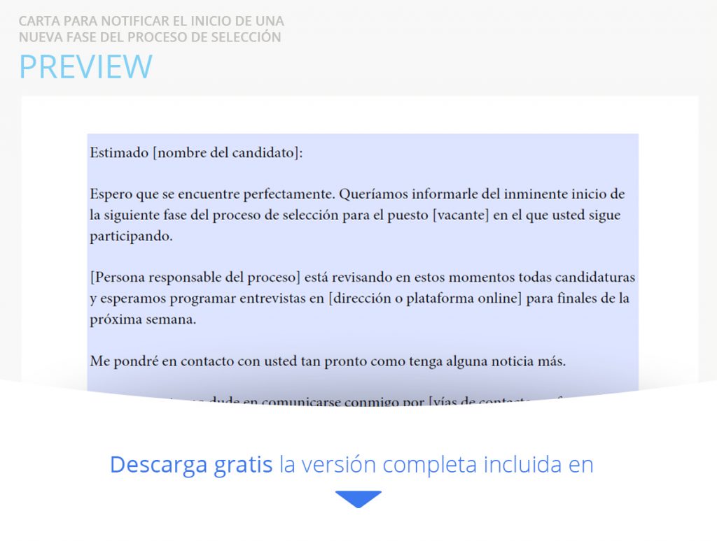 Carta para notificar el inicio de una  nueva fase del proceso de selección