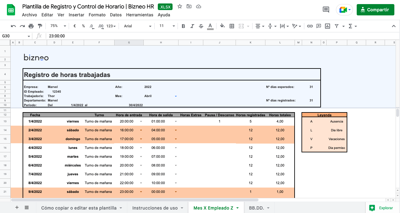 Plantilla Excel Horas Trabajadas Plantilla de Control Horario de Trabajadores en Excel (Gratis)