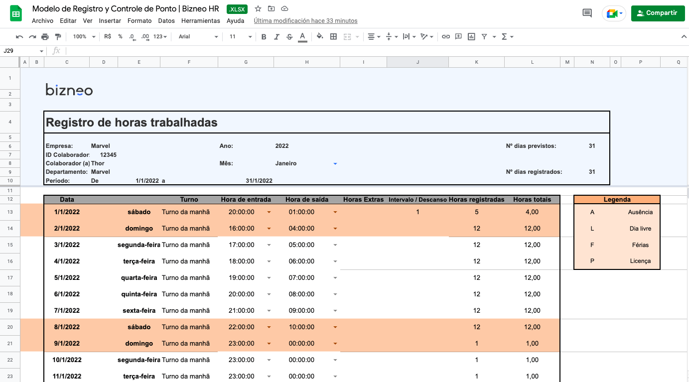 Planilha De Controle De Ponto Em Excel Gr Tis