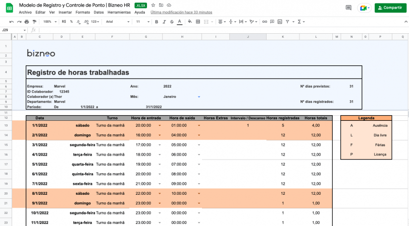 Planilha de folha de ponto em excel