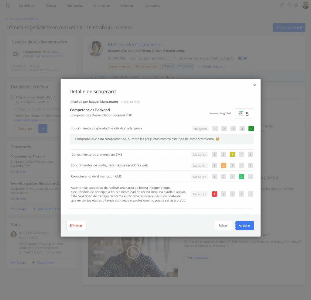 Software de reclutamiento y selección con videoentrevistas y scorecards