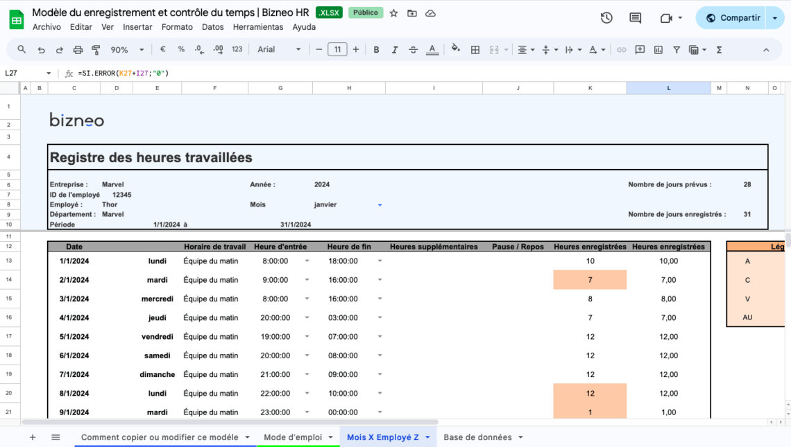 Tableau pour calculer les heures de travail (gratuit)